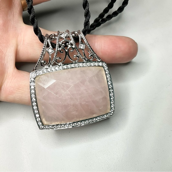 Ross Simons Sterling Silver Huge Rose Quartz CZ Pendant Necklace - Picture 7 of 8